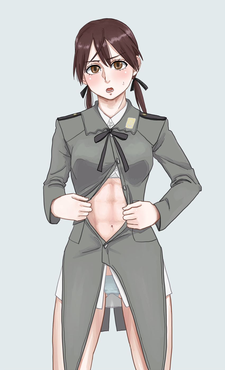 abs absurdres bare_legs blush brown_eyes brown_hair collared_shirt embarrassed gertrud_barkhorn highres military military_uniform nigatsu_(fevrali) no_pants open_clothes open_mouth open_shirt panties ribbon shirt solo sports_bra strike_witches sweatdrop toned twintails underwear uniform white_panties world_witches_series