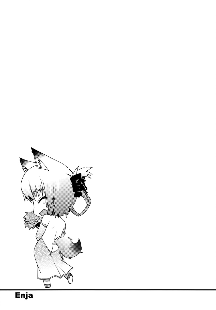 animal_ears backless_outfit chibi enja_niuhali fox_ears fox_tail greyscale highres lotte_no_omocha! monochrome non-web_source solo tail