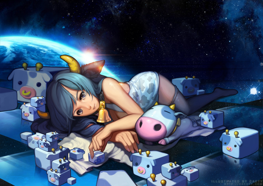 animal animal_ears animal_print bell bell_collar black_legwear blue_eyes blue_hair caesty chibi cleavage_cutout collar cow_bell cow_ears cow_horns cow_print cube earth horns lens_flare long_hair looking_at_viewer lying on_side original sleeveless smile space thighhighs watermark web_address