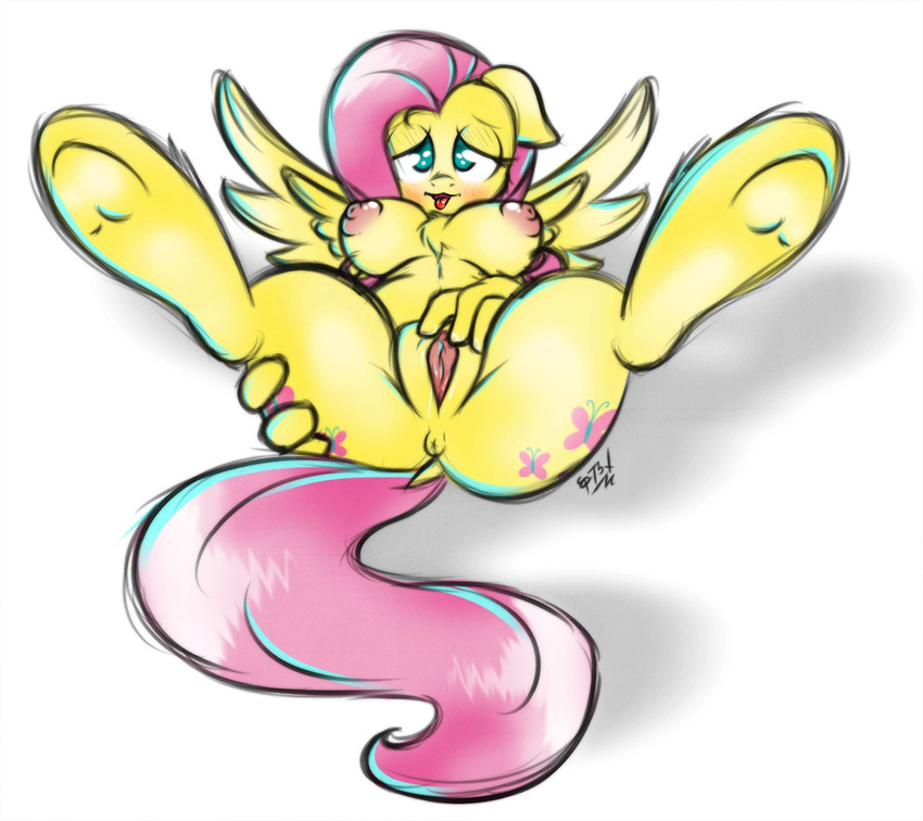 anthro anthrofied anus breasts chest_tuft ep777 equine female fluttershy_(mlp) friendship_is_magic fur hair hooves horse legs_up mammal my_little_pony nipples pegasus pink_hair pony presenting pussy solo spread_legs spreading tongue tuft wings yellow_fur