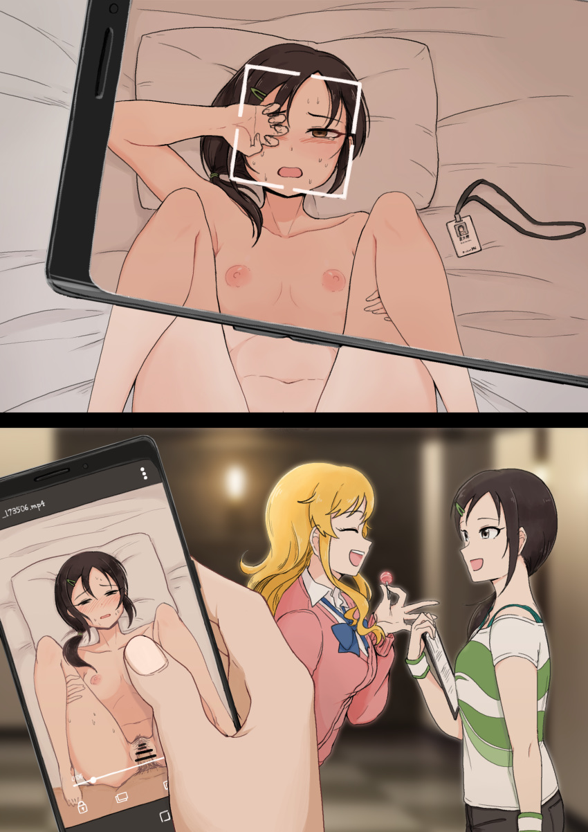 black_hair blonde_hair blue_bow blush bow breasts candy cardigan cellphone censored food hair_ornament hairclip hand_over_eye highres id_card idolmaster idolmaster_cinderella_girls idolmaster_cinderella_girls_starlight_stage lanyard legs_up lollipop long_hair lying missionary nude on_back on_bed ootsuki_yui open_mouth pengwin phone pink_sweater ponytail pubic_hair rookie_trainer school_uniform sex small_breasts smartphone sweater trainer_(idolmaster) vaginal wavy_hair