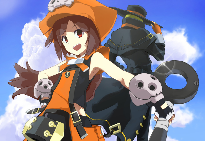 1girl anchor brown_eyes brown_hair fingerless_gloves flat_chest gloves guilty_gear hand_on_hip hat highres johnny_sfondi long_hair may_(guilty_gear) orange_hat orange_shirt pirate_hat shirt skull_and_crossbones sleeveless solo_focus weasel_(close-to-the-edge)