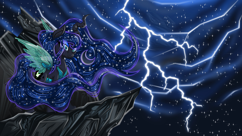 black_fur blue_hair changeling cliff cutie_mark detailed_background droplets equine female feral friendship_is_magic fur green_eyes hair half-closed_eyes halfdeathshadow hi_res horn horse hybrid lightning long_hair mammal mane my_little_pony princess_luna_(mlp) queen_chrysalis_(mlp) slit_pupils smile sparkles storm winged_unicorn wings