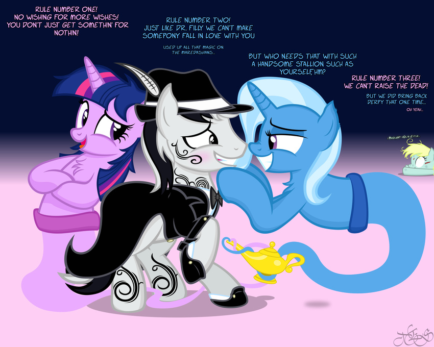 derpy_hooves_(mlp) english_text equine female flirting friendship_is_magic genie hair hat horn horse lamp male mammal my_little_pony navitaserussirus original_character plain_background pony text trixie_(mlp) twilight_sparkle_(mlp) two_tone_hair undead unicorn white_background zombie