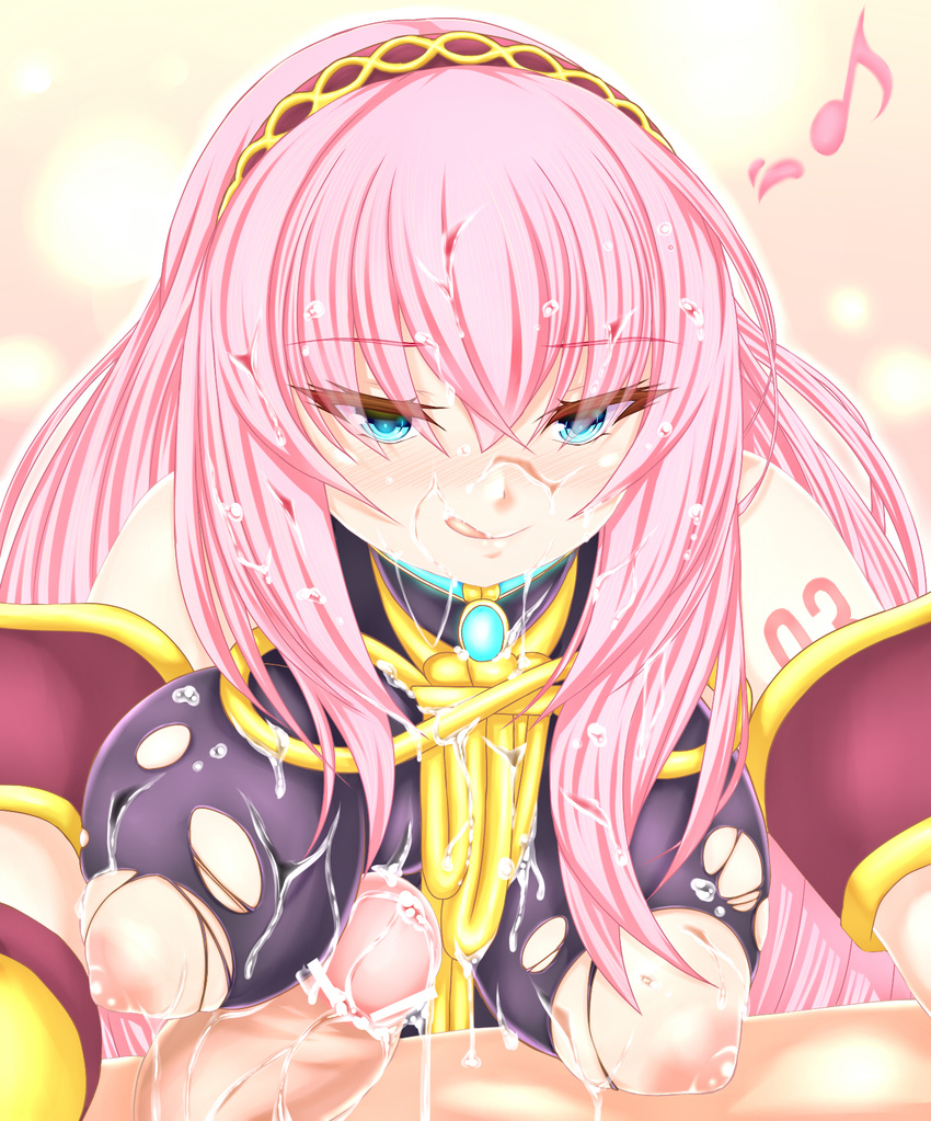 :q bad_id bad_pixiv_id blue_eyes breasts cum cum_on_body cum_on_breasts cum_on_hair cum_on_upper_body highres karucho long_hair megurine_luka musical_note naughty_face nipples penis pink_hair solo_focus tongue tongue_out torn_clothes vocaloid