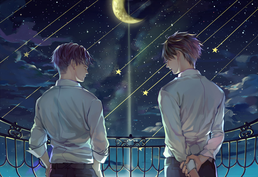 arms_behind_back bad_id bad_pixiv_id belt black_hair cloud crescent_moon dress_shirt eren_yeager eye_contact from_behind hands_on_hips levi_(shingeki_no_kyojin) looking_at_another male_focus moon multiple_boys night night_sky open_mouth pants profile railing shingeki_no_kyojin shirt shooting_star sky sleeves_folded_up smile standing star star_(sky) starry_sky wind yuukaku