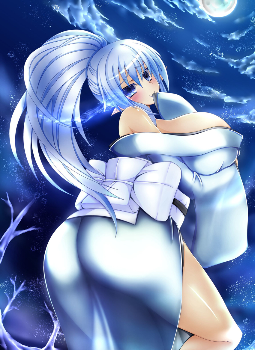 1girl ashling_(no-plan) bare_shoulders blue_eyes blue_hair blush breasts elf female gideon highres huge_breasts japanese_clothes kimono long_hair moon night pointy_ears ponytail shiny shiny_skin smile thighs