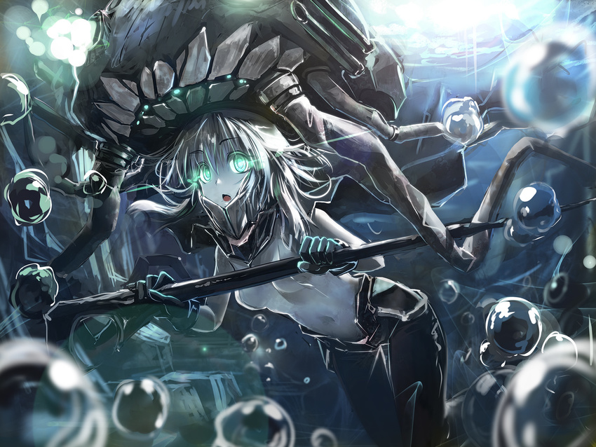 gloves glowing glowing_eyes green_eyes hat kantai_collection navel open_mouth patricia_(stylish_marunage) shinkaisei-kan silver_hair solo staff teeth turret wo-class_aircraft_carrier