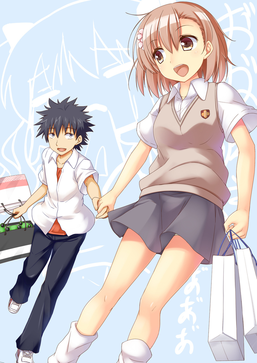 1girl absurdres bag black_hair brown_eyes brown_hair couple dragging highres kamijou_touma kue misaka_mikoto school_uniform shirai_kuroko shopping_bag short_hair spiked_hair to_aru_kagaku_no_railgun to_aru_majutsu_no_index