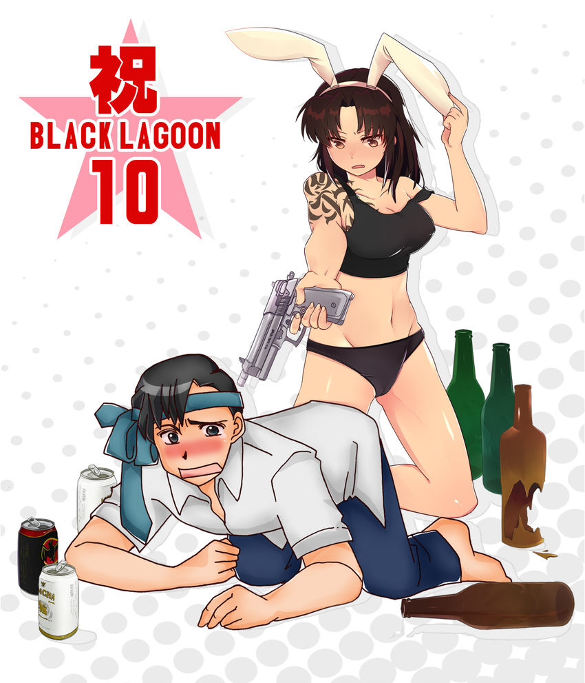 1girl alcohol animal_ears barefoot beer beretta_92 black_eyes black_hair black_lagoon blush bottle breasts brown_eyes brown_hair bunny_ears full_body gun handgun highres large_breasts long_hair nectarine_ring okajima_rokuro open_mouth panties ponytail revy_(black_lagoon) tattoo underwear weapon