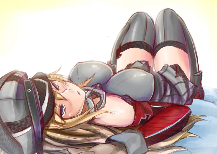 bismarck_(kantai_collection) blonde_hair blue_eyes blush breasts brown_gloves detached_sleeves gloves grey_legwear hasaya hat kantai_collection large_breasts long_hair lying military military_uniform peaked_cap shiny shiny_clothes solo uniform