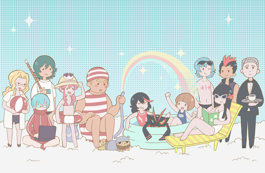 6+boys ball beach_chair beachball bikini computer cup everyone formal gamagoori_ira glasses guts_(kill_la_kill) highres innertube inumuta_houka iori_shirou jacket jakuzure_nonon kill_la_kill kinagase_tsumugu kiryuuin_satsuki laptop male_swimwear mankanshoku_mako matoi_ryuuko mikisugi_aikurou multiple_boys multiple_girls one-piece_swimsuit petit sanageyama_uzu senketsu shinai soroi_mitsuzou suit swim_briefs swimsuit swimwear sword teacup track_jacket wading_pool weapon