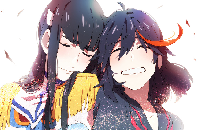 black_hair blush closed_eyes happy highres junketsu kill_la_kill kiryuuin_satsuki long_hair matoi_ryuuko multiple_girls senketsu short_hair smile tokigi_akira white_background