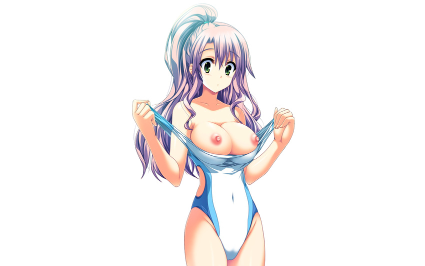akaza breasts game_cg gray_hair henshin_3 minakoshi_konami nipples photoshop swimsuit undressing white