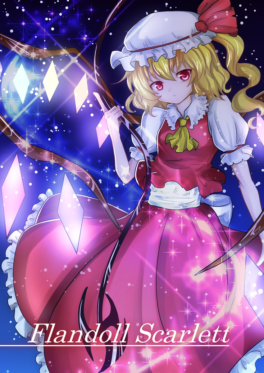 ascot asna bad_id bad_pixiv_id blonde_hair character_name expressionless flandre_scarlet frilled_skirt frills hat highres laevatein mob_cap puffy_short_sleeves puffy_sleeves red_eyes short_hair short_sleeves side_ponytail skirt solo touhou vest wings