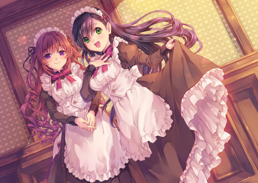 :d apron bad_id bad_pixiv_id black_hair blush dress dress_lift green_eyes hand_on_own_chest long_hair long_sleeves maid maid_apron maid_headdress multiple_girls natsu_natsuna open_mouth original purple_eyes red_hair smile