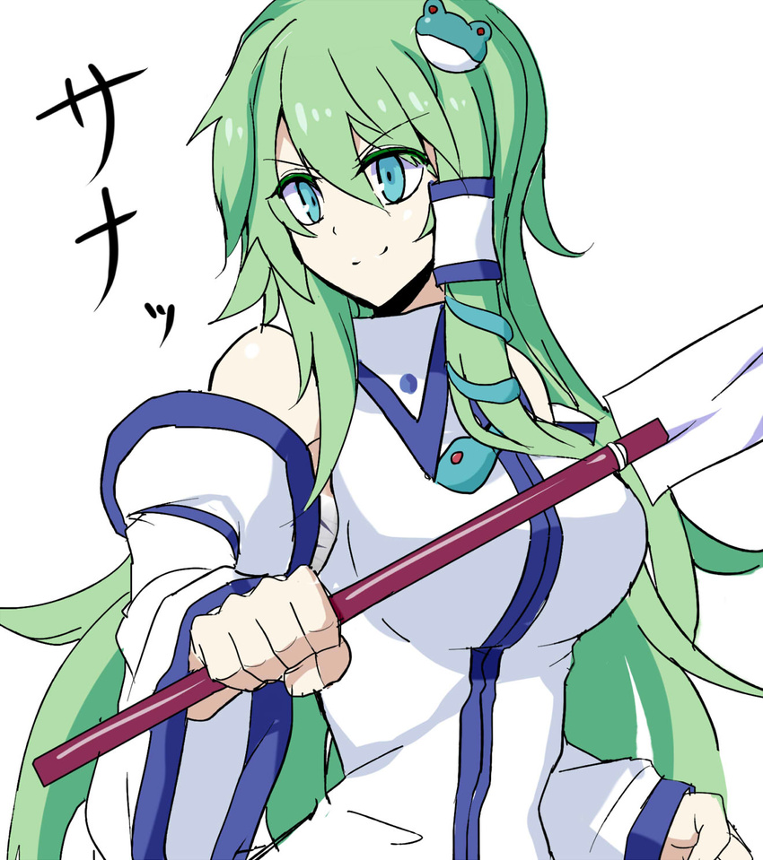 bad_id bad_pixiv_id breasts detached_sleeves frog_hair_ornament green_eyes green_hair hair_ornament hair_tubes highres kenuu_(kenny) kochiya_sanae large_breasts long_hair sarashi snake_hair_ornament solo touhou