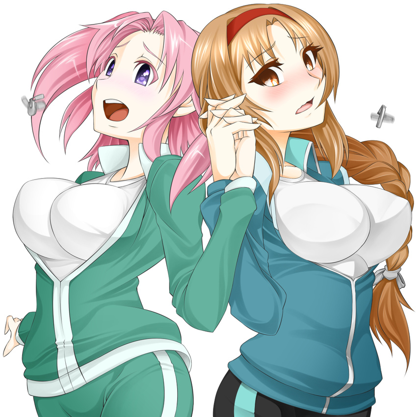 blush braid breasts brown_eyes brown_hair bursting_breasts crossover d-frag! hairband hissa_yossa holding_hands interlocked_fingers jacket large_breasts long_hair mikakunin_de_shinkoukei multiple_girls open_mouth pants pink_hair popped_zipper purple_eyes season_connection single_braid takao_(d-frag!) track_jacket track_pants track_suit twintails two_side_up wardrobe_malfunction yonomori_kobeni zipper