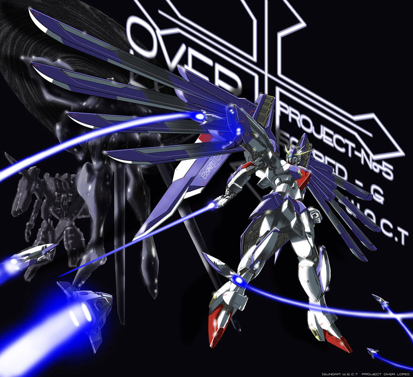 beam_saber black_background blue_eyes energy_sword full_body gundam headlight holding holding_sword holding_weapon looking_to_the_side mecha no_humans original simple_background sword symbol unsheathed weapon wings
