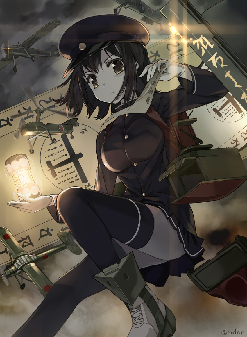 aircraft akitsu_maru_(kantai_collection) amagai_tarou autogyro backpack bag black_eyes black_hair black_legwear breasts gloves hat highres kantai_collection kayaba_ka-1 kokusai_ki-76 looking_at_viewer medium_breasts military military_uniform onmyouji remodel_(kantai_collection) scroll short_hair skirt solo thighhighs twitter_username uniform white_gloves