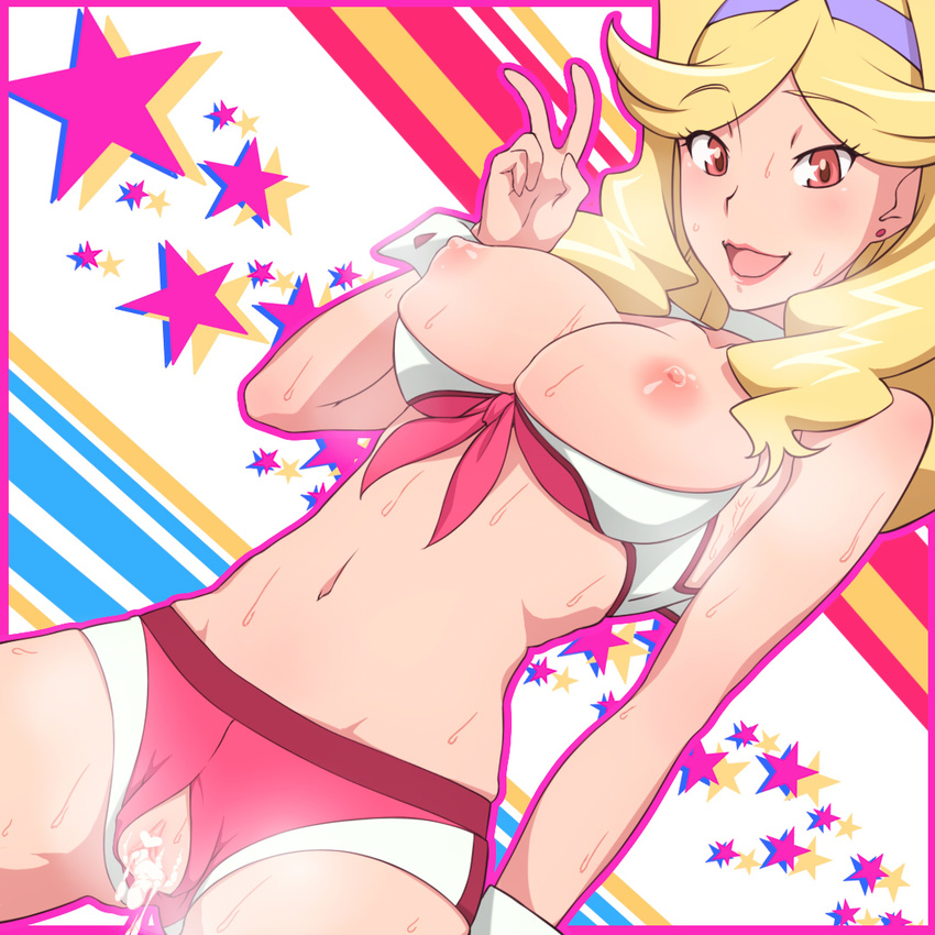 annosada bad_id bad_pixiv_id blonde_hair boobies_uniform breasts bursting_breasts censored cum cum_in_pussy earrings hairband heart heart_censor honey_(space_dandy) jewelry large_breasts lipstick long_hair makeup navel nipples open_mouth pussy short_shorts shorts smile solo space_dandy star sweat v wrist_cuffs