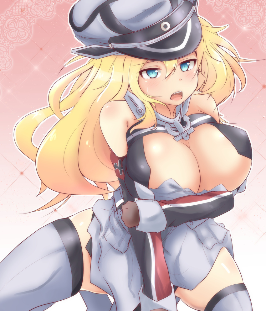 bismarck_(kantai_collection) blonde_hair blue_eyes blush breasts cleavage gloves grey_legwear hat highres huge_breasts kantai_collection long_hair military military_hat military_uniform miyamaru open_mouth peaked_cap solo thighhighs uniform