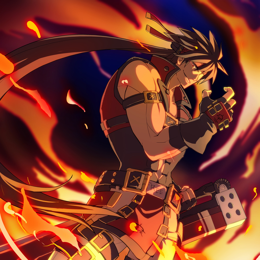 absurdres ane-suisei belt brown_hair fingerless_gloves fire gloves glowing glowing_eyes guilty_gear guilty_gear_xrd headband highres long_hair male_focus muscle ponytail red_eyes smile sol_badguy solo sword weapon