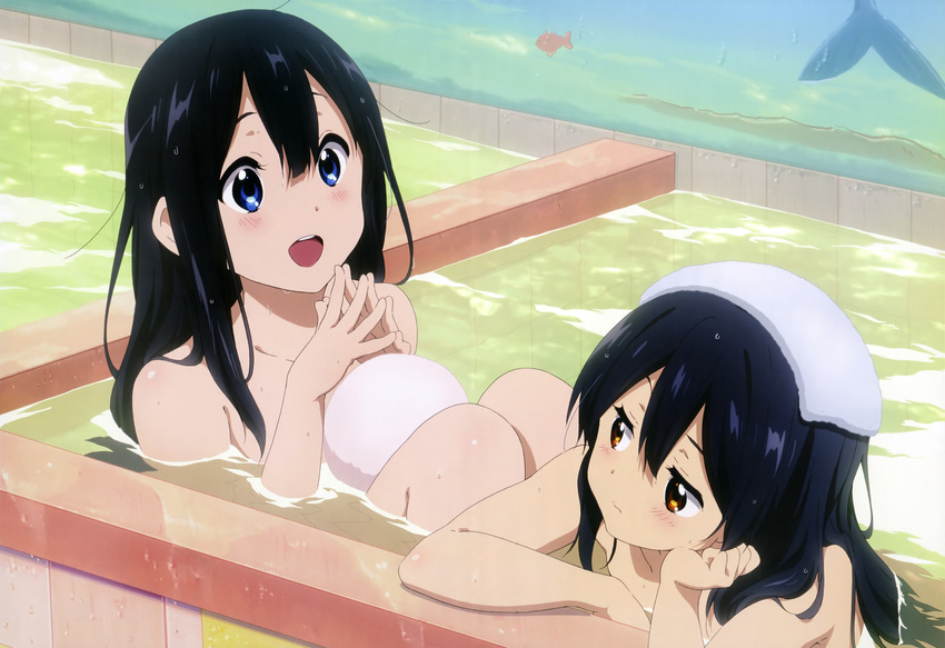 absurdres bathing black_hair blue_eyes blush brown_eyes highres kitashirakawa_anko kitashirakawa_tamako long_hair multiple_girls nakahara_kouhei non-web_source nude nyantype official_art open_mouth partially_submerged shared_bathing siblings sisters tamako_market towel water wet