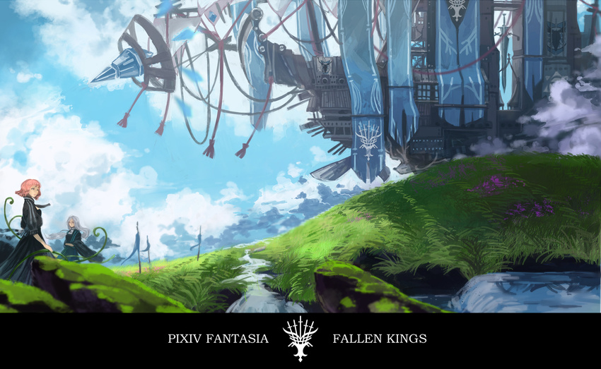 aircraft airship bad_id bad_pixiv_id cloud commentary_request day dress flag grass grey_hair lily_fairy long_hair multiple_girls outdoors pink_hair pixiv_fantasia pixiv_fantasia_fallen_kings river ship short_hair sky water watercraft