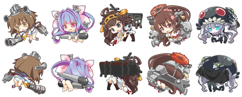 ass back blue_hair brown_hair chibi grey_hair highres i-19_(kantai_collection) kantai_collection kongou_(kantai_collection) multiple_girls omone_chou shinkaisei-kan torpedo wo-class_aircraft_carrier yamato_(kantai_collection) yukikaze_(kantai_collection)