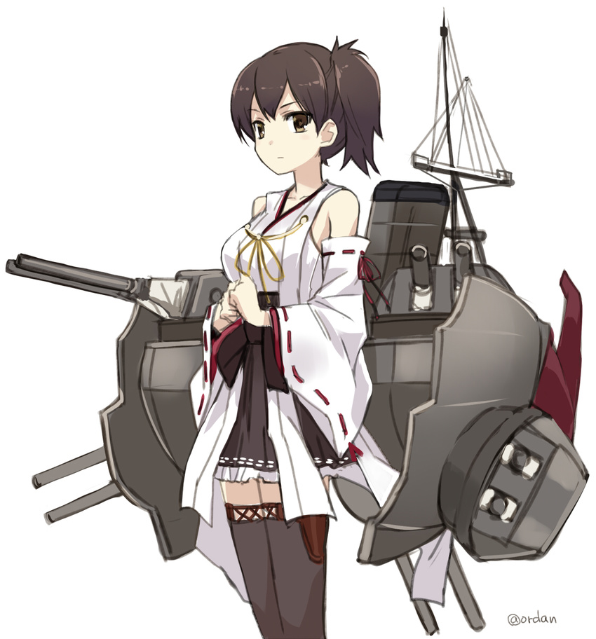 amagai_tarou bare_shoulders boots brown_eyes brown_hair cosplay detached_sleeves highres japanese_clothes kaga_(battleship) kaga_(kantai_collection) kantai_collection kongou_(kantai_collection) kongou_(kantai_collection)_(cosplay) looking_at_viewer nontraditional_miko short_hair side_ponytail simple_background skirt solo thigh_boots thighhighs twitter_username white_background