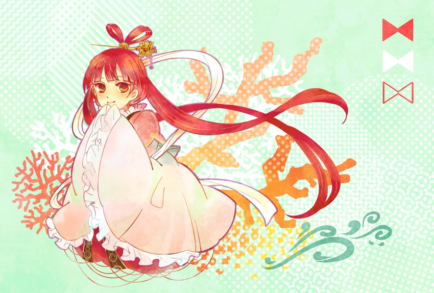 blush chinese_clothes hair_ornament hanfu long_hair looking_at_viewer magi_the_labyrinth_of_magic red_eyes red_hair ren_kougyoku smile solo very_long_hair