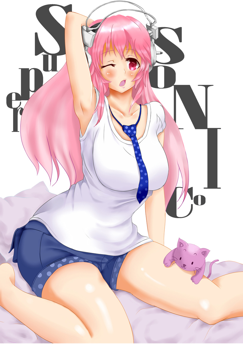 :o absurdres armpits blush breasts cat hand_behind_head headphones highres large_breasts long_hair looking_at_viewer necktie nitroplus one_eye_closed open_mouth pink_eyes pink_hair super_sonico waking_up