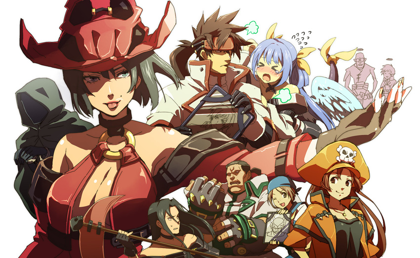 alternate_costume ano_otoko april_(guilty_gear) asymmetrical_wings bandana bare_shoulders belt black_hair blue_hair blush bow breasts brown_hair choker cigarette cleavage closed_eyes detached_sleeves dizzy dragon_ball dragon_ball_z faust_(guilty_gear) fingerless_gloves gloves guilty_gear hair_bow halo hat headband i-no ky_kiske large_breasts lipstick long_hair makeup may_(guilty_gear) midriff mole mole_above_mouth multiple_boys multiple_girls navel open_mouth orange_hat order-sol photo_(object) pirate_hat ponytail portrait_(object) potemkin_(guilty_gear) red_eyes ribbon scythe short_hair skull_and_crossbones smile sol_badguy tail tail_ribbon testament_(guilty_gear) thighhighs twintails underboob uniform weapon wings witch_hat