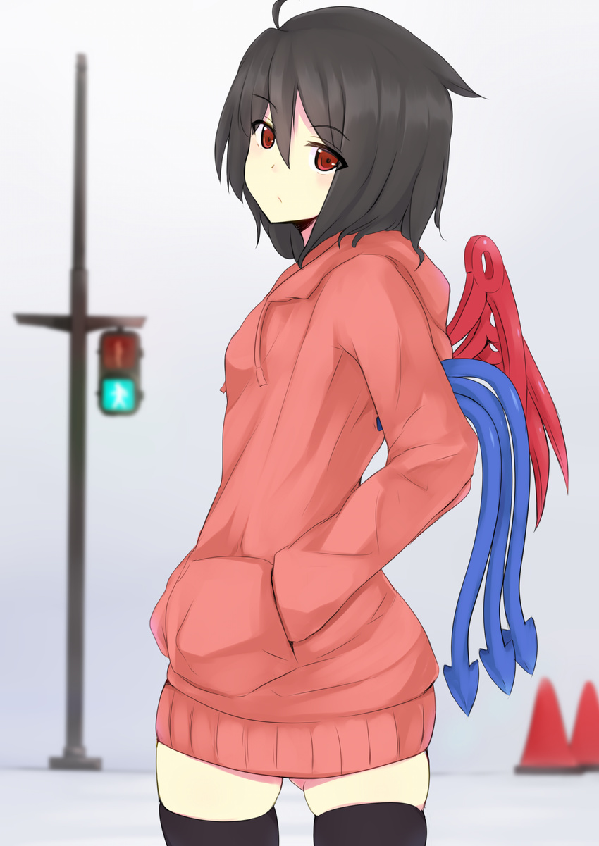 ahoge asymmetrical_wings black_hair black_legwear casual hands_in_pocket highres hood hoodie houjuu_nue looking_back ocha_(ochappie) red_eyes solo thighhighs touhou wings zettai_ryouiki