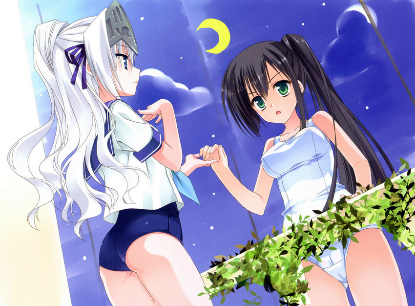 absurdres arched_back ass black_hair blue_eyes cameltoe eucliwood_hellscythe green_eyes hair_ribbon headpiece highres holding_hands kobuichi kore_wa_zombie_desu_ka? long_hair moon multiple_girls night night_sky one-piece_swimsuit one_side_up open_mouth ribbon sailor_collar scan school_swimsuit seraphim_(kore_wa_zombie_desu_ka?) side_ponytail sky swimsuit swimsuit_under_clothes very_long_hair white_hair white_school_swimsuit white_swimsuit