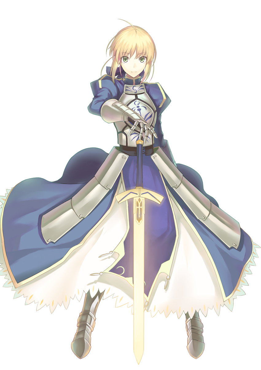 ahoge armor armored_dress artoria_pendragon_(all) blonde_hair boots dress excalibur fate/stay_night fate_(series) full_body gauntlets green_eyes hair_ribbon highres kauto looking_at_viewer ribbon saber simple_background smile solo sword weapon white_background