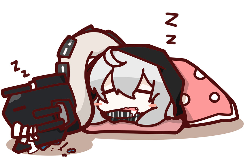 =_= ahoge blanket blush chibi clock drooling fang hood jacket kantai_collection nuu_(nu-nyu) open_mouth re-class_battleship shinkaisei-kan short_hair silver_hair sleeping solo tail zzz