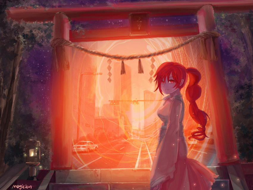 artist_name bad_id bad_pixiv_id braid building car city cityscape glowing ground_vehicle lantern looking_at_viewer magician_(china) motor_vehicle okazaki_yumemi ponytail portal_(object) realistic red_eyes red_hair road rope scenery shimenawa sky skyscraper solo stairs star_(sky) starry_sky stone_lantern street torii touhou touhou_(pc-98) traffic_light tree