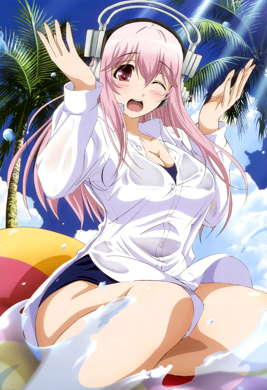 ;d absurdres blush breasts cleavage cloud day dress_shirt headphones highres inflatable_raft large_breasts long_hair nitroplus non-web_source nyantype official_art one_eye_closed open_mouth palm_tree pink_hair red_eyes school_swimsuit shirt sky smile solo soniani super_sonico swimsuit swimsuit_under_clothes tamura_masafumi tree water wet