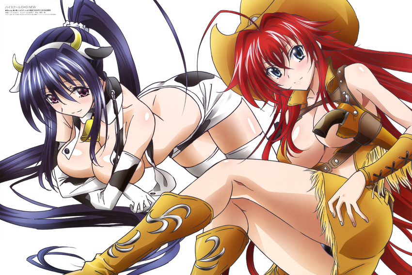 absurdres ahoge animal_print bell black_panties blue_eyes blue_hair boots breasts brown_footwear cleavage convenient_arm convenient_censoring cow_bell cow_print cowboy_hat fringe_trim gotou_junji hat high_school_dxd high_school_dxd_new highres himejima_akeno huge_ahoge knee_boots large_breasts megami multiple_girls official_art open_clothes panties pantyshot pantyshot_(standing) ponytail purple_eyes red_hair rias_gremory scan standing thighhighs underwear western white_legwear