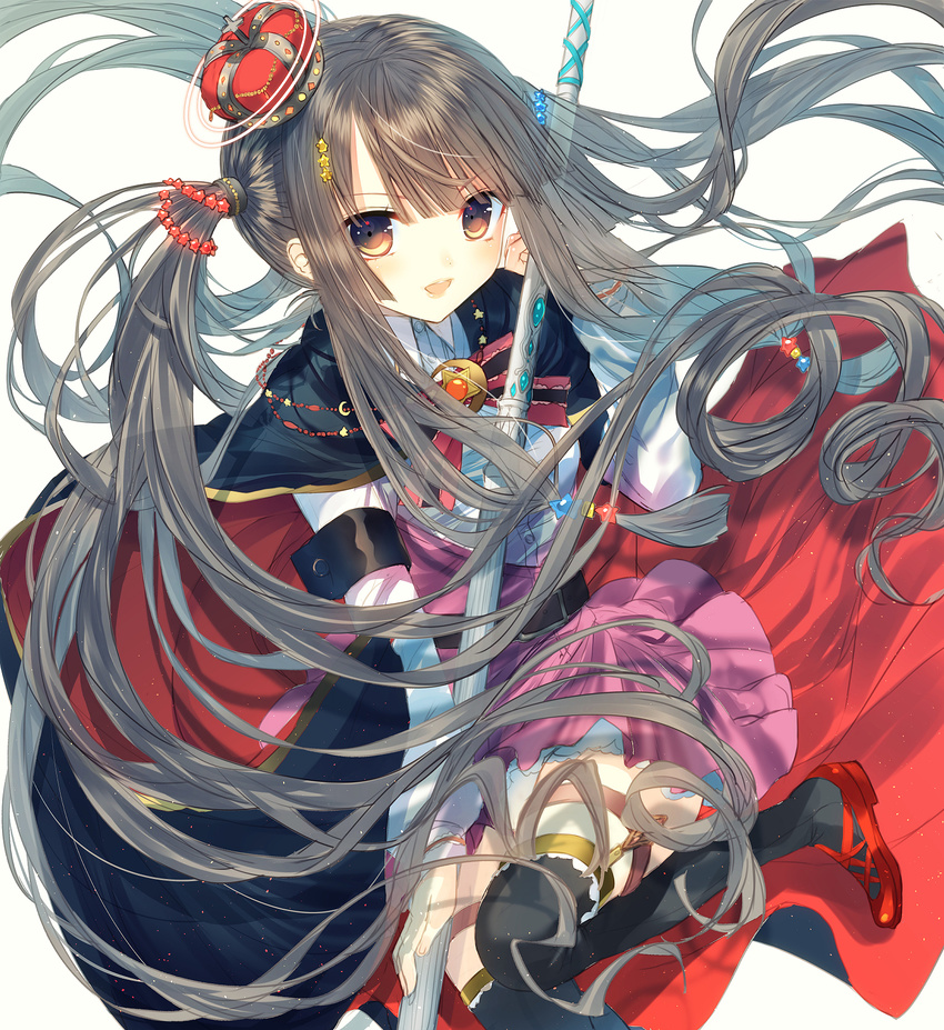 black_legwear brown_eyes brown_hair crown dress hair_ornament highres holding io_enishi long_hair looking_at_viewer mini_crown open_mouth original solo staff star star_hair_ornament thighhighs twintails twintails_day very_long_hair