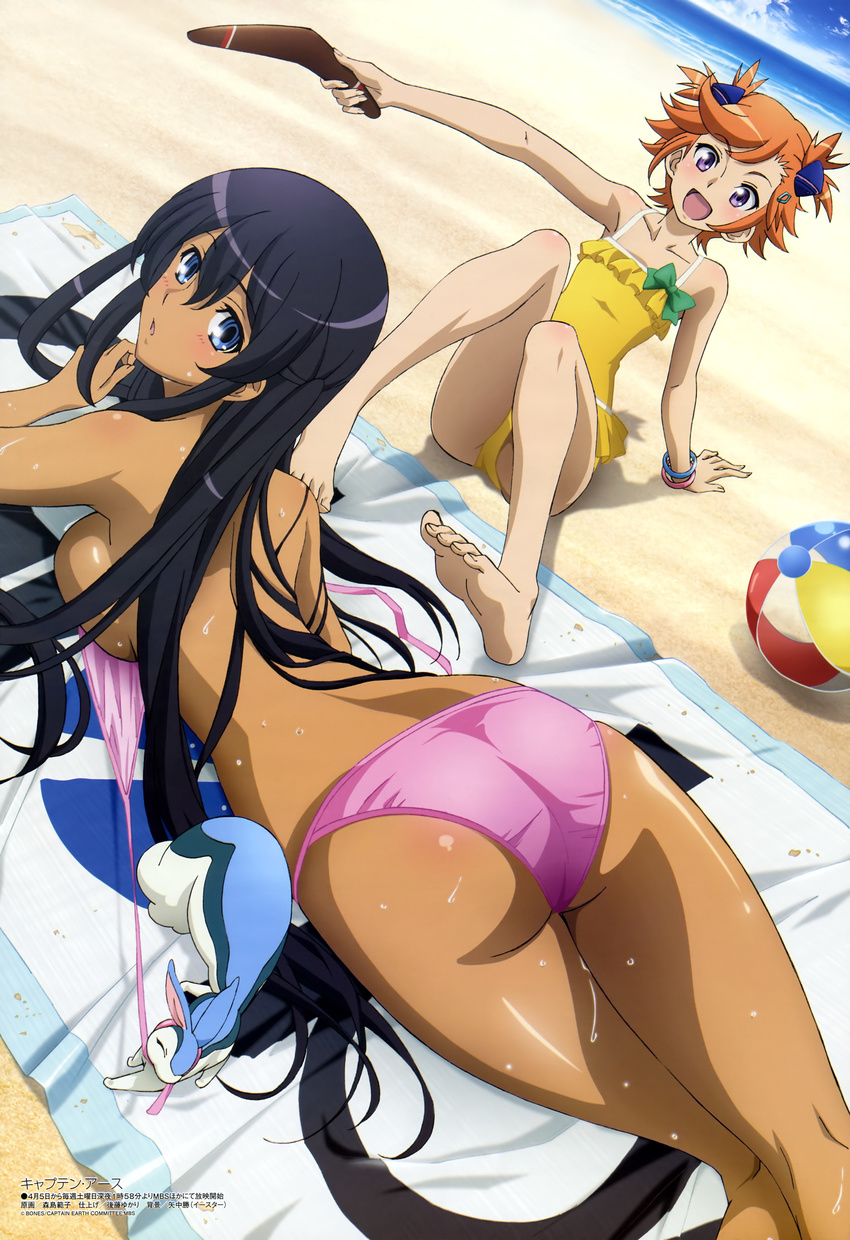 :d :o absurdres arm_support ass ball bare_shoulders barefoot beach beachball bikini black_hair blue_eyes boomerang bow bracelet breasts captain_earth casual_one-piece_swimsuit cloud creature dark_skin day feet frilled_swimsuit frills hair_ornament highres horizon jewelry large_breasts long_hair lying megami morishima_noriko multiple_girls mutou_hana ocean official_art on_stomach one-piece_swimsuit open_mouth orange_hair outdoors pitz purple_eyes scan short_hair sitting sky smile swimsuit towel untied wardrobe_malfunction wet yomatsuri_akari