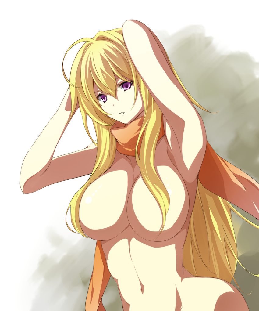 1girl arm_up blonde_hair breasts censored convenient_censoring female hair_over_breasts highres jijii48 large_breasts long_hair navel nude purple_eyes rwby scarf solo yang_xiao_long