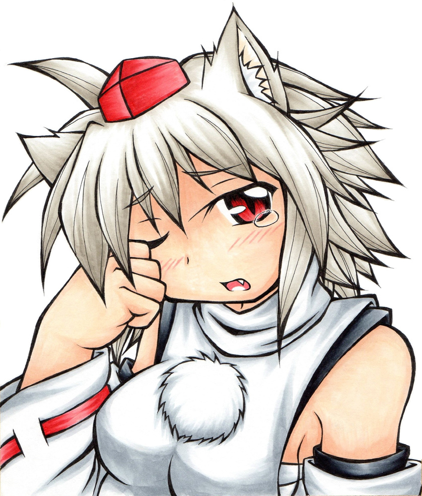 absurdres animal_ears bare_shoulders blush breasts detached_sleeves fang hat highres inte_(whitewolftail) inubashiri_momiji looking_at_viewer medium_breasts one_eye_closed open_mouth pom_pom_(clothes) red_eyes sarashi short_hair silver_hair simple_background solo tears tokin_hat touhou white_background wolf_ears