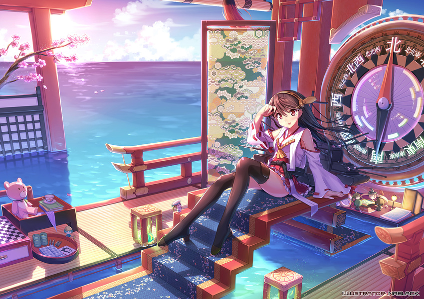 aoki_hagane_no_arpeggio bare_shoulders black_hair boots brown_eyes cha_(kantai_collection) cherry_blossoms compass detached_sleeves error_musume fairy_(kantai_collection) hairband haruna_(kantai_collection) highres hiyoko_(kantai_collection) japanese_clothes kantai_collection kirishima_(aoki_hagane_no_arpeggio) kuro-kun_(nablack) long_hair majokko_(kantai_collection) midori_(kantai_collection) ocean open_mouth rashinban_musume shoshinsha_mark sitting solo stuffed_animal stuffed_toy teddy_bear thigh_boots thighhighs yotarou_(aoki_hagane_no_arpeggio)