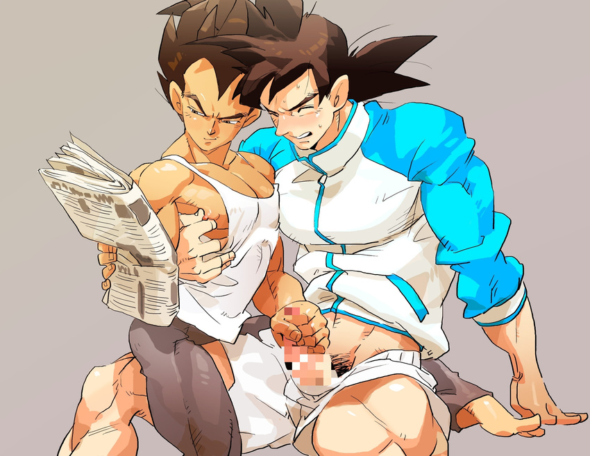 arched_back arm_around_back arm_support bara blush brown_eyes brown_hair censored closed_eyes clothed_sex dragon_ball dragon_ball_z grey_background handjob highres jacket looking_away male_focus male_pubic_hair mosaic_censoring multiple_boys multitasking muscle newspaper nipple_tweak nipples pants pectorals penis pubic_hair reading shirt_lift shorts sitting sitting_on_lap sitting_on_person size_difference smile son_gokuu supobi sweat tank_top track_jacket vegeta yaoi