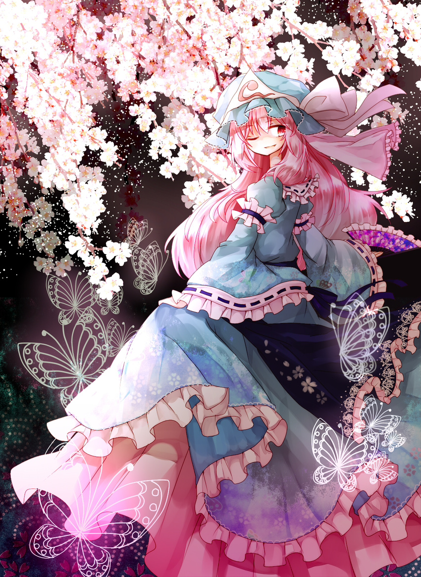 bad_id bad_pixiv_id bug butterfly cherry_blossoms fan hat highres insect japanese_clothes long_hair long_sleeves pink_hair red_eyes ribbon saigyouji_yuyuko shinonome_myoke smile solo touhou triangular_headpiece wide_sleeves