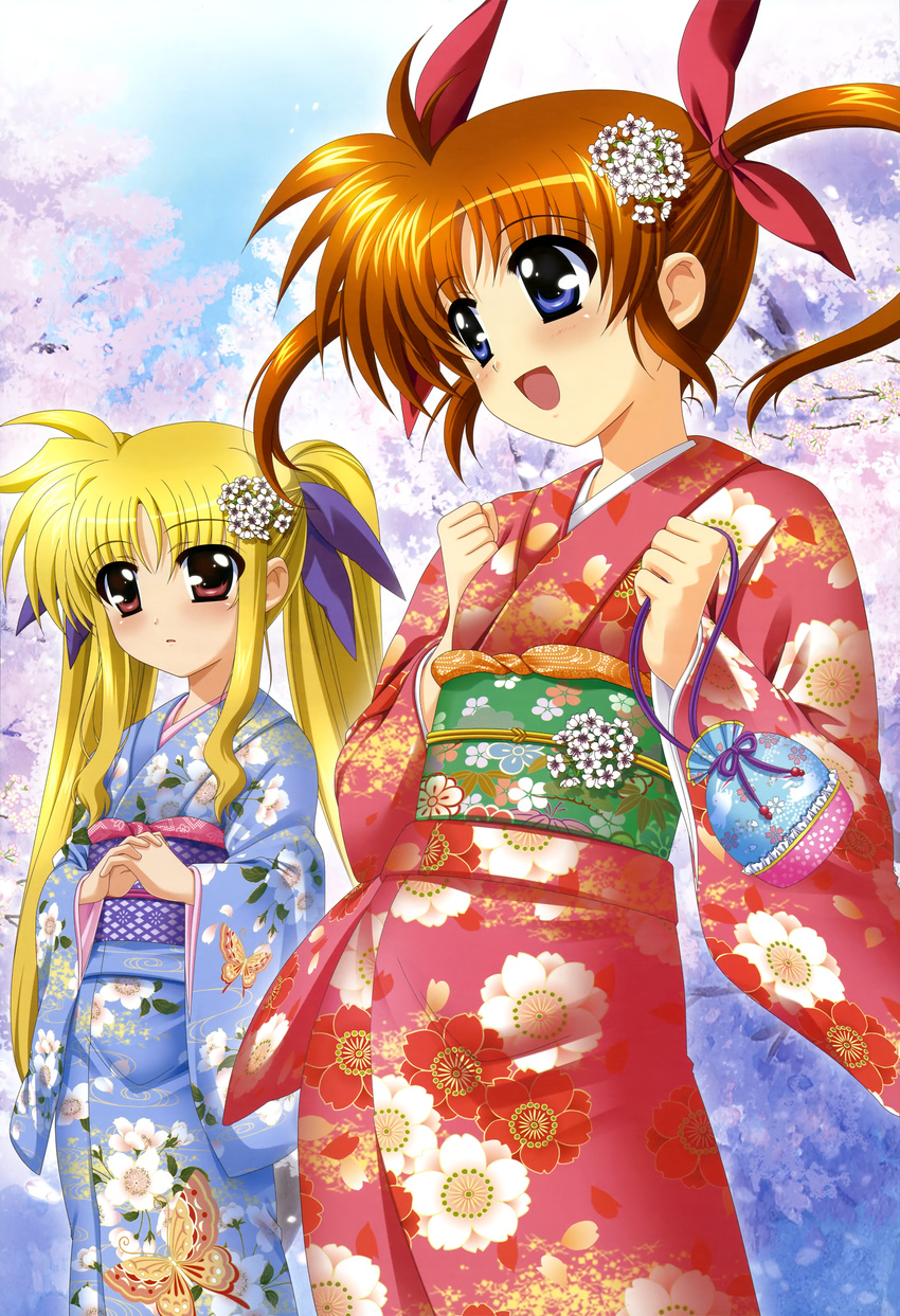 absurdres blonde_hair blush cherry_blossoms day fate_testarossa flower hair_flower hair_ornament higa_yukari highres japanese_clothes long_hair lyrical_nanoha mahou_shoujo_lyrical_nanoha multiple_girls non-web_source nyantype official_art open_mouth purple_eyes red_eyes red_hair short_twintails sky takamachi_nanoha twintails