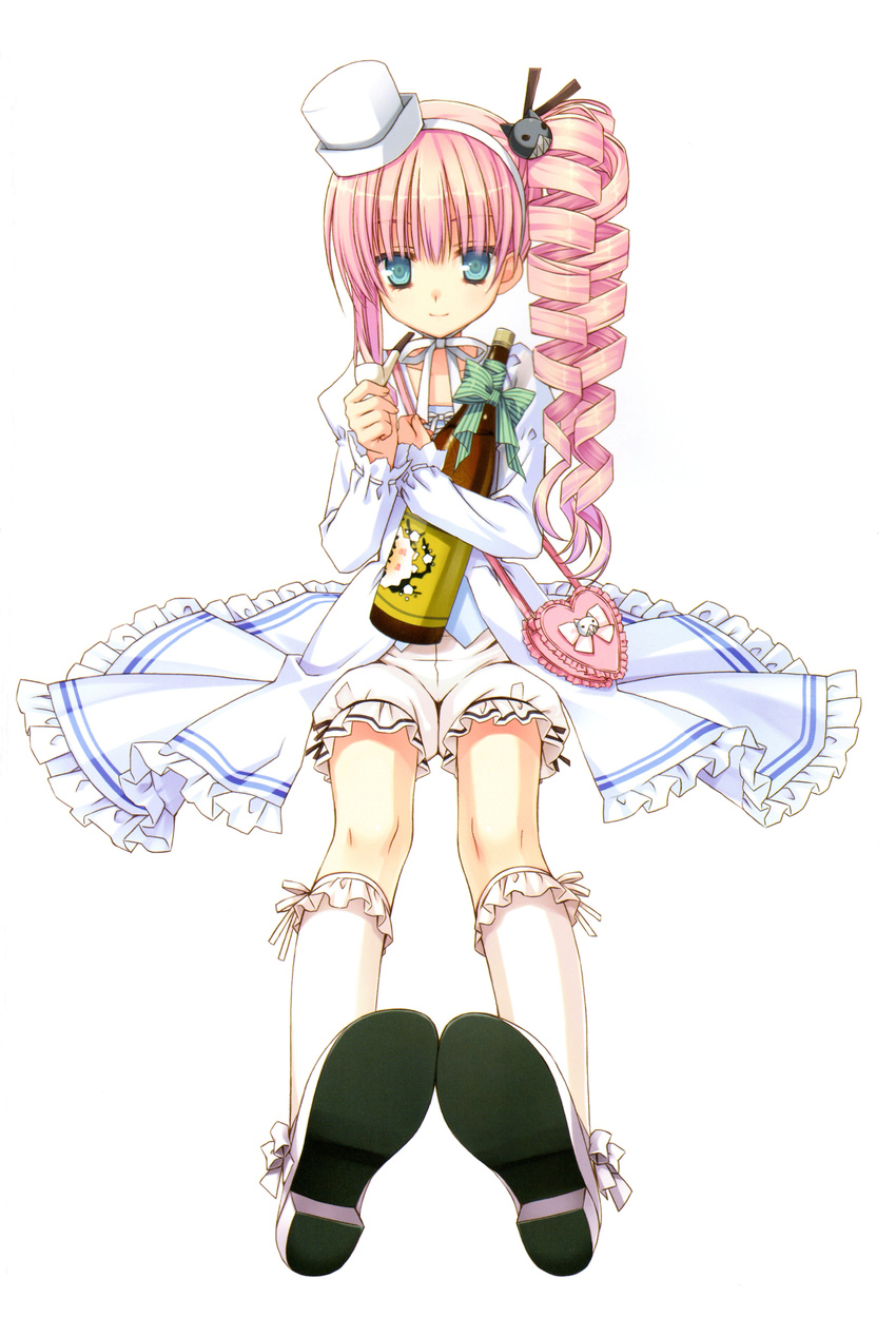 absurdres alcohol bloomers blue_eyes bobby_socks bottle chris_(kore_wa_zombie_desu_ka?) dress drill_hair flat_chest frills hat highres kobuichi kore_wa_zombie_desu_ka? lolita_fashion official_art pink_hair pipe sake sake_bottle side_ponytail sitting socks solo top_hat underwear